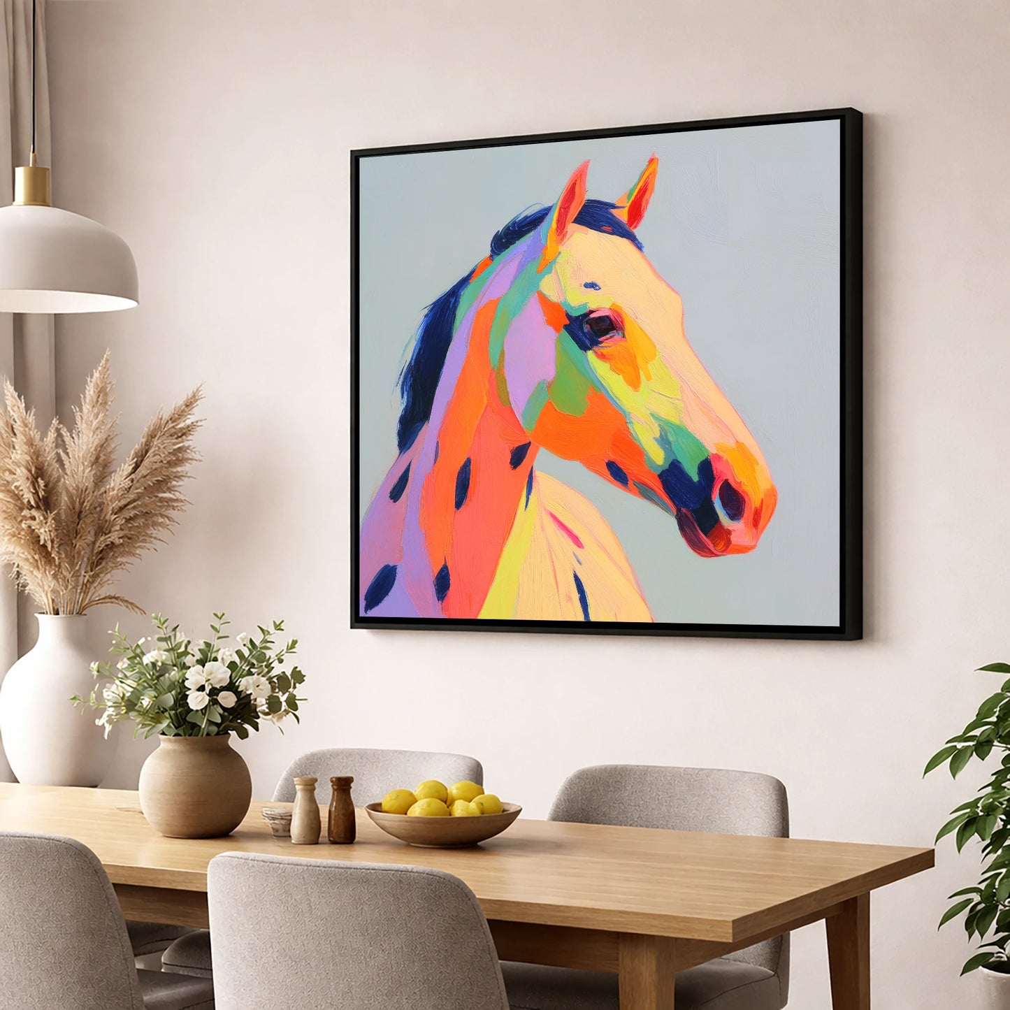 Technicolour Spirit horse breed wall art displayed in a dining room