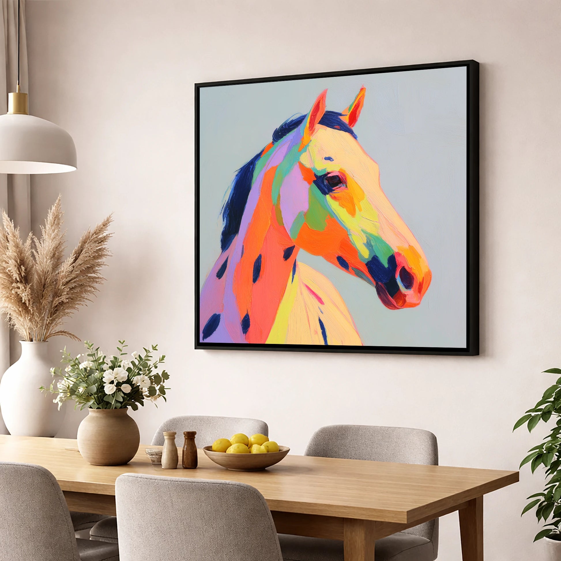 Technicolour Spirit horse breed wall art displayed in a dining room
