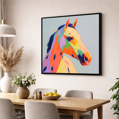 Technicolour Spirit horse breed wall art displayed in a dining room