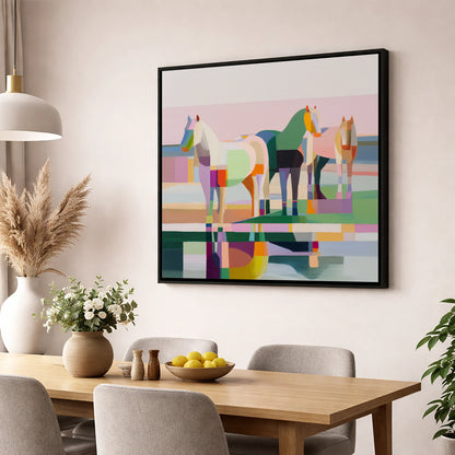 Geometric Equine Horizon horse landscape wall art displayed in a dining room