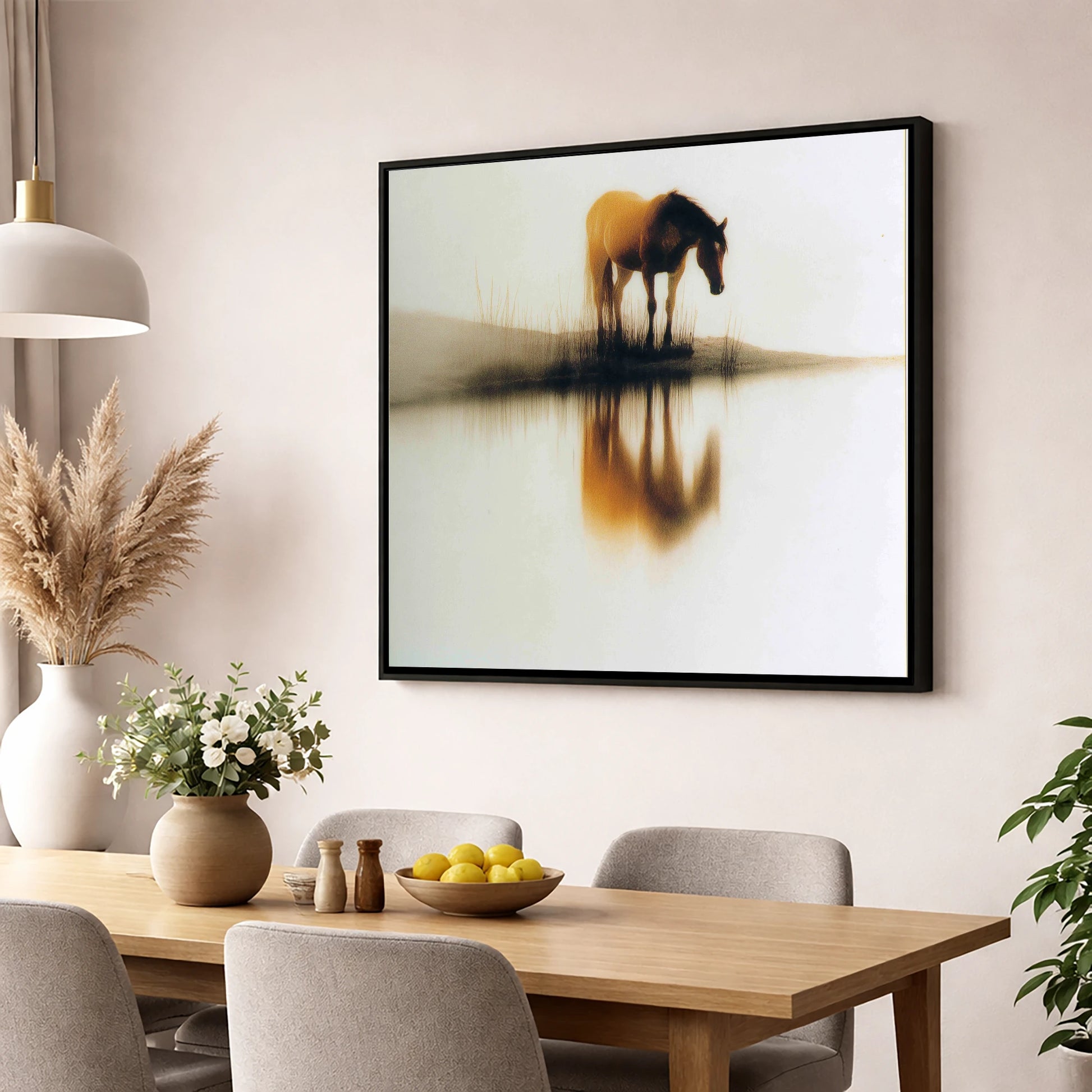 Amber Mist Reflection horse landscape wall art displayed in a dining room