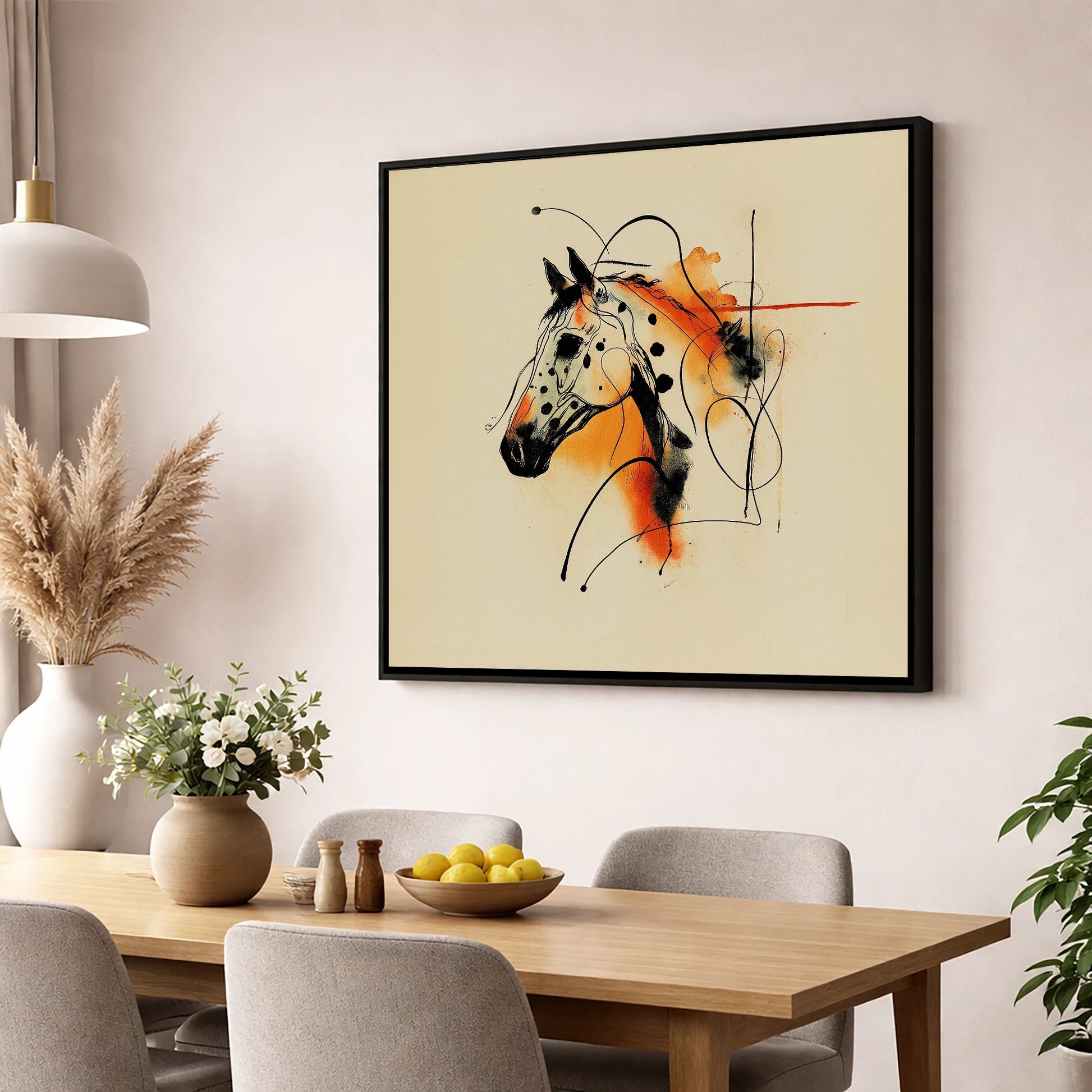 Vibrant Appaloosa Spirit horse breed wall art displayed in a dining room