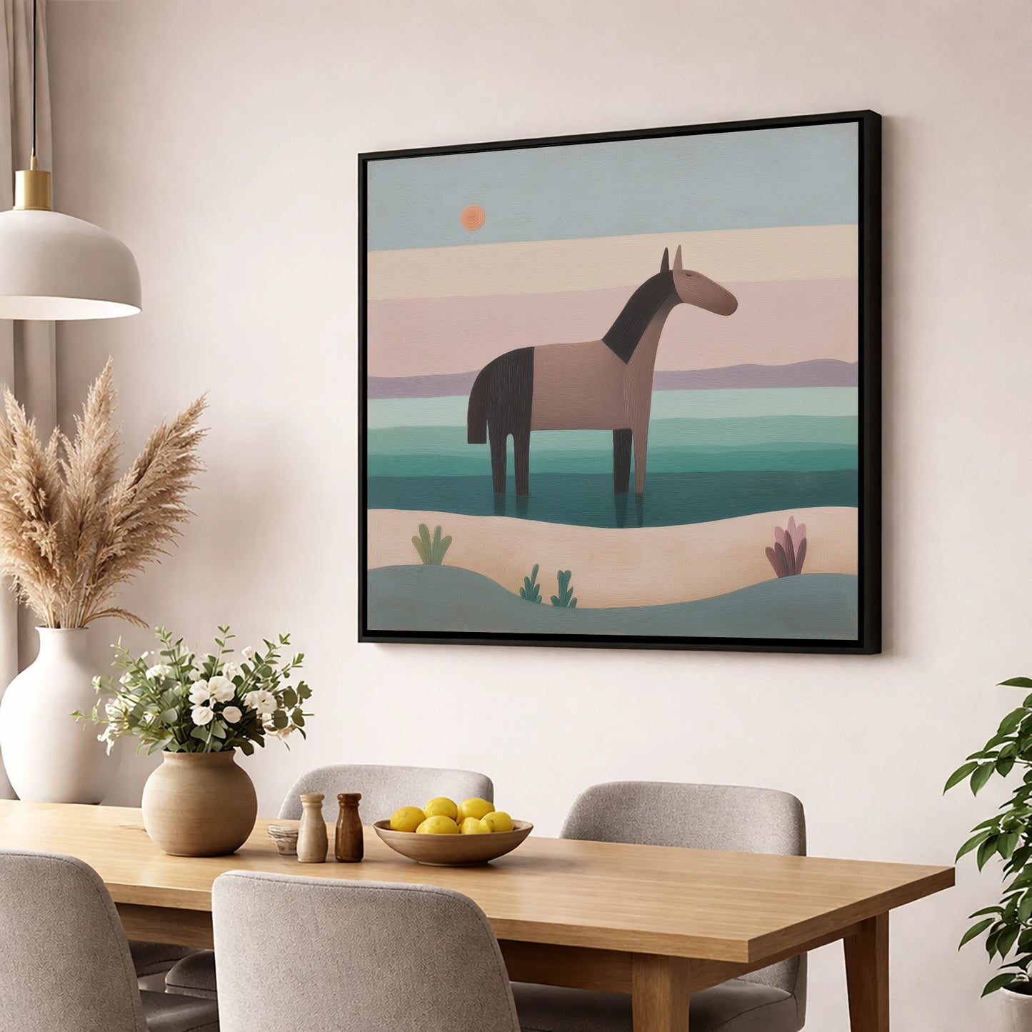 Stillness in the Shallows beach horse wall art displayed in a dining room