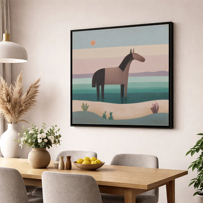 Stillness in the Shallows beach horse wall art displayed in a dining room