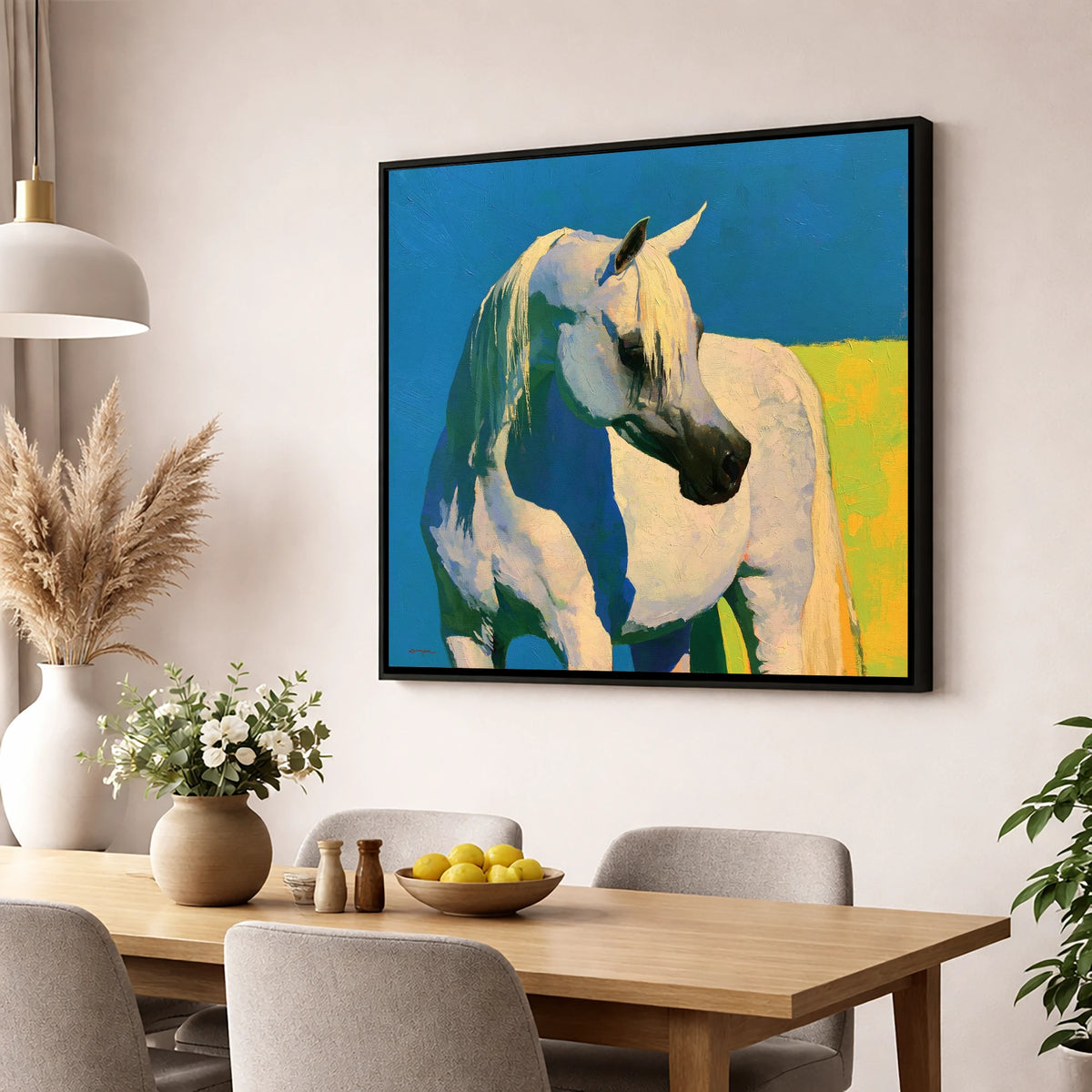 Sunlit Grey Arabian Horse horse breed wall art displayed in a dining room