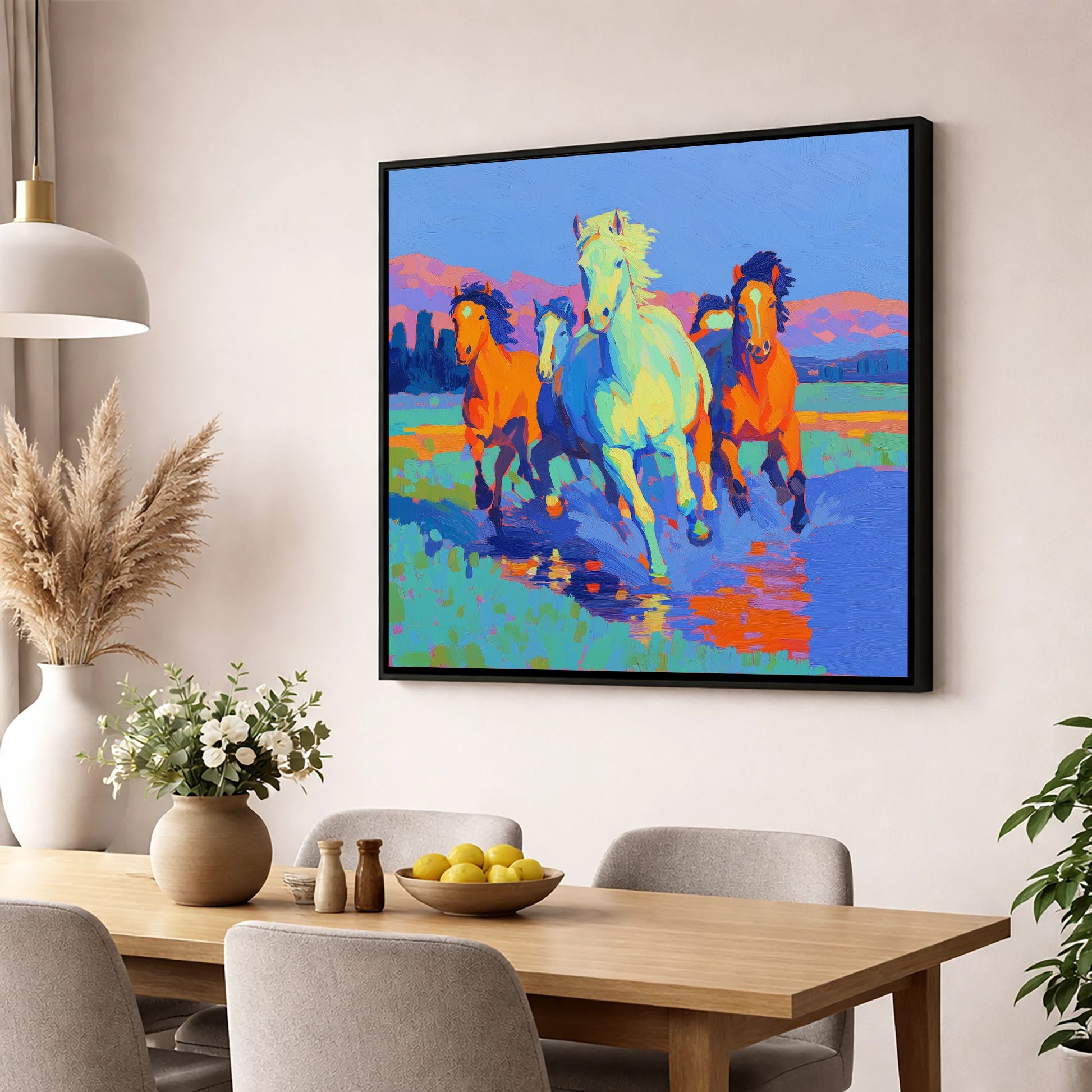 The Vivid Gallop wild horses wall art displayed in a dining room