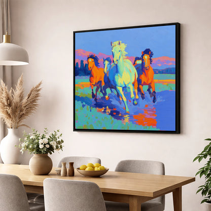 The Vivid Gallop wild horses wall art displayed in a dining room