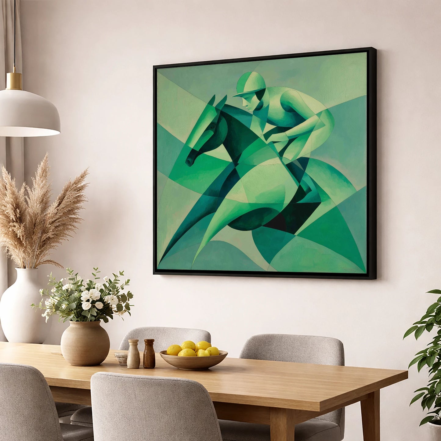Emerald Racing Form racing horse wall art displayed in a dining room