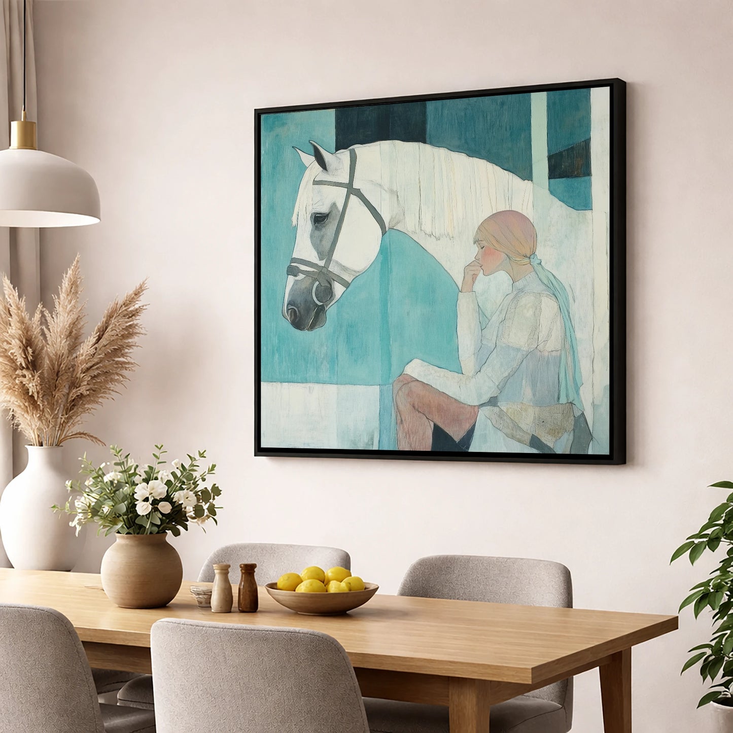 Quiet Contemplation horse & rider wall art displayed in a dining room
