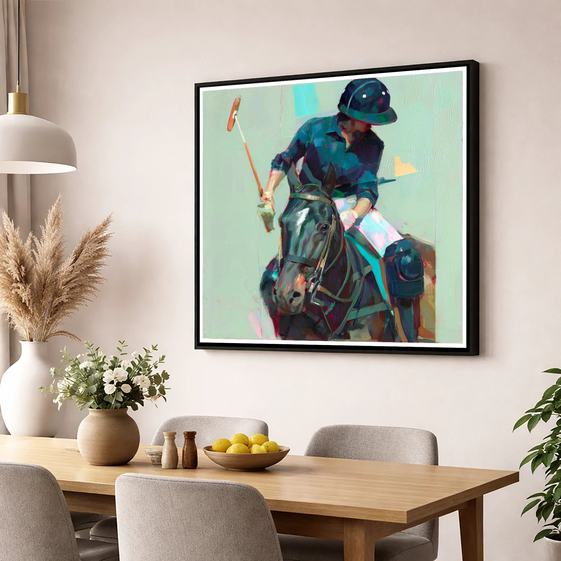 The Decisive Strike polo horse wall art displayed in a dining room