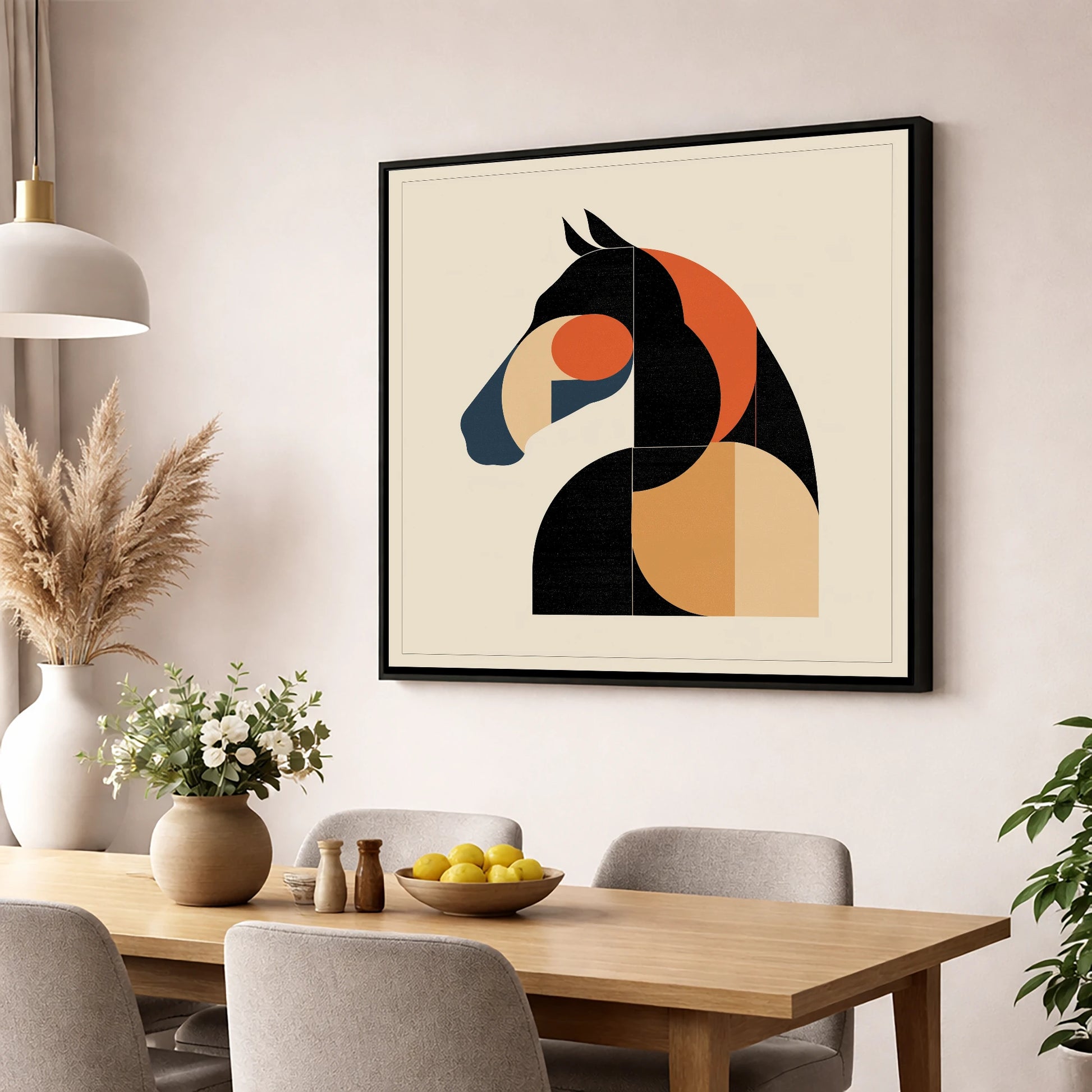 The Modernist Profile horse portrait wall art displayed in a dining room