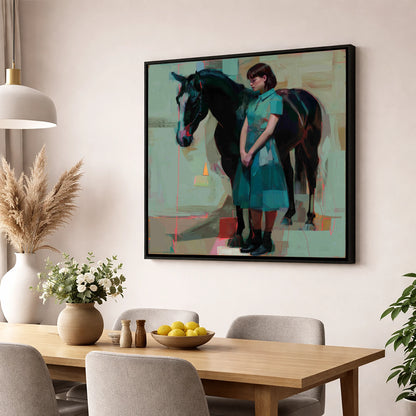 A Quiet Connection horse & rider wall art displayed in a dining room