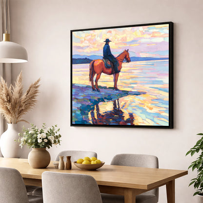 Solitary Sunset Ride beach horse wall art displayed in a dining room