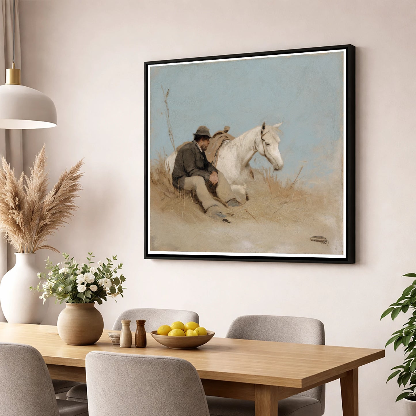The Journey's Pause horse & rider wall art displayed in a dining room
