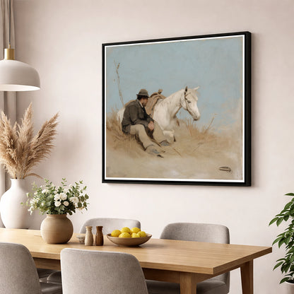 The Journey's Pause horse & rider wall art displayed in a dining room