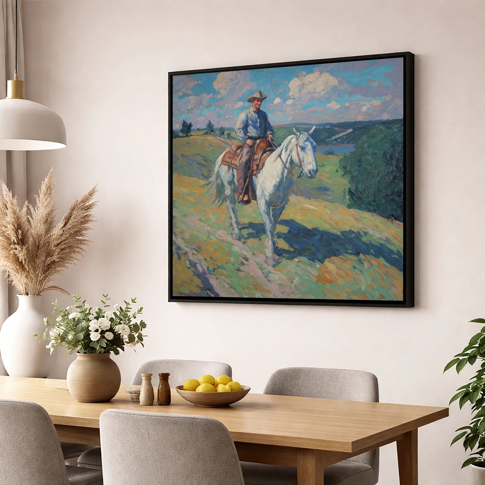 Riding the Ridge western horse wall art displayed in a dining room