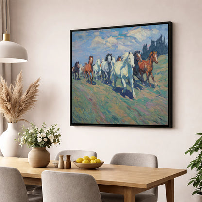 Unbridled Spirit wild horses wall art displayed in a dining room