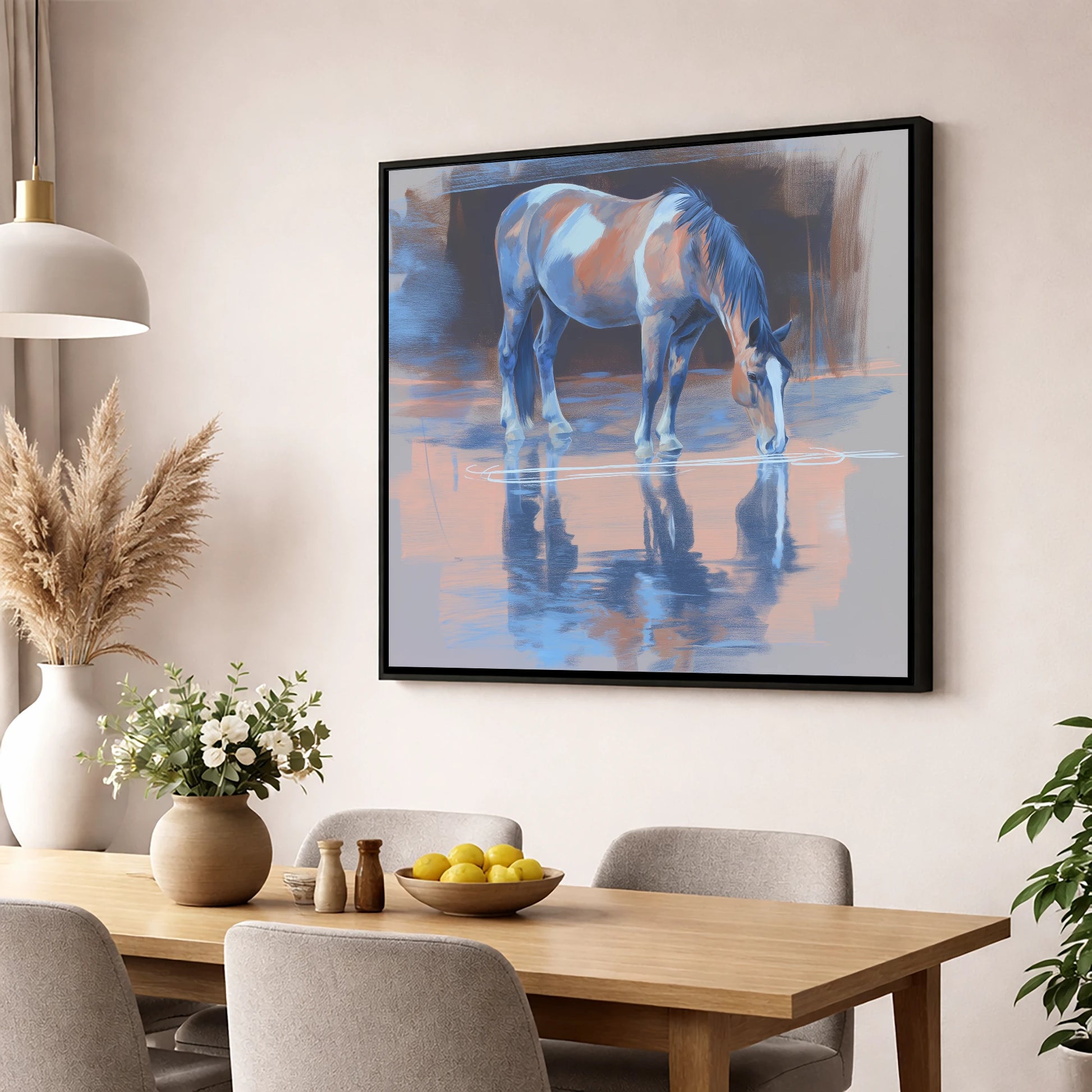 Tranquil Reflection horse portrait wall art displayed in a dining room