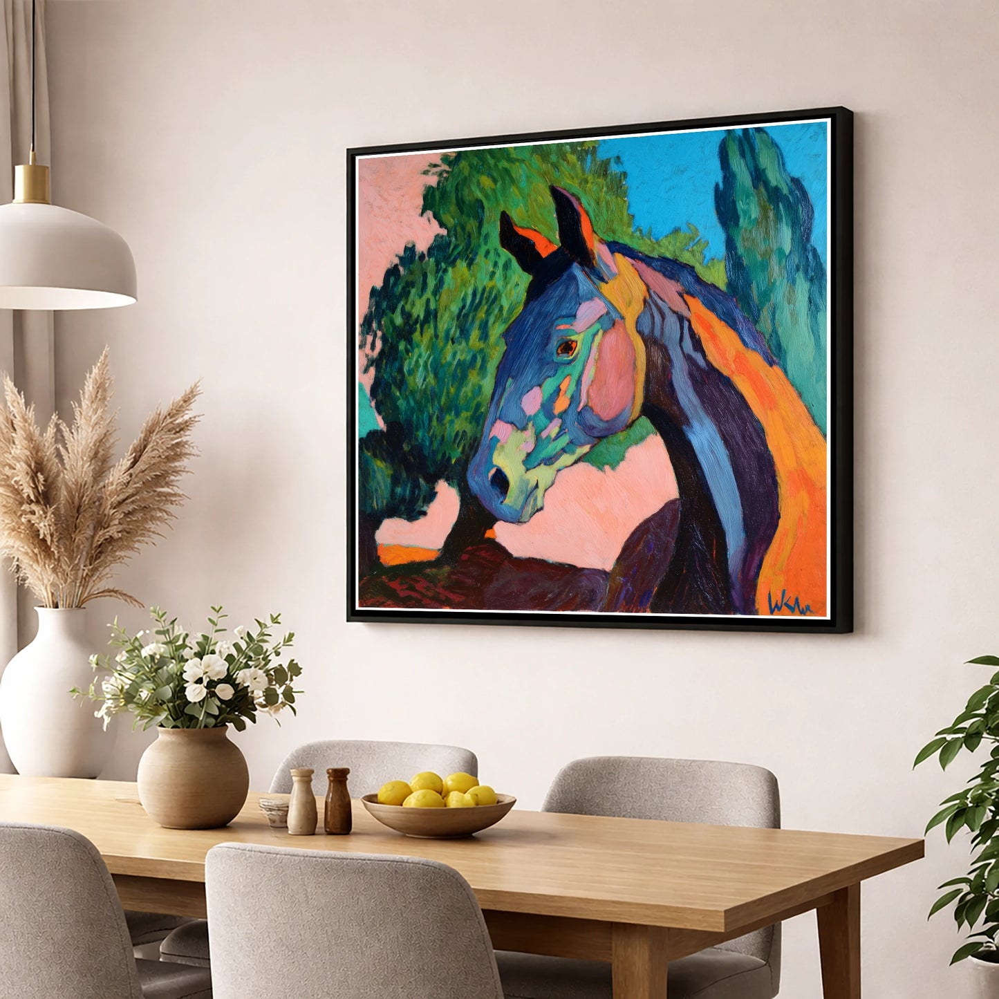 Vibrant Equine Expression horse portrait wall art displayed in a dining room