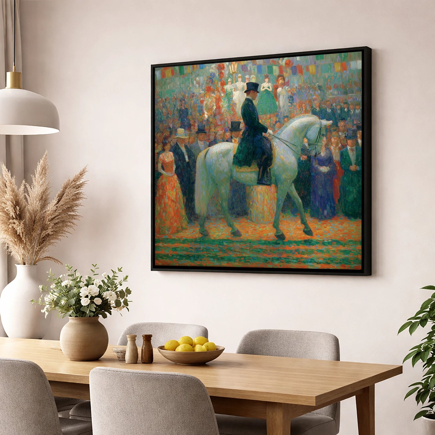 The Gala Performance dressage horse wall art displayed in a dining room