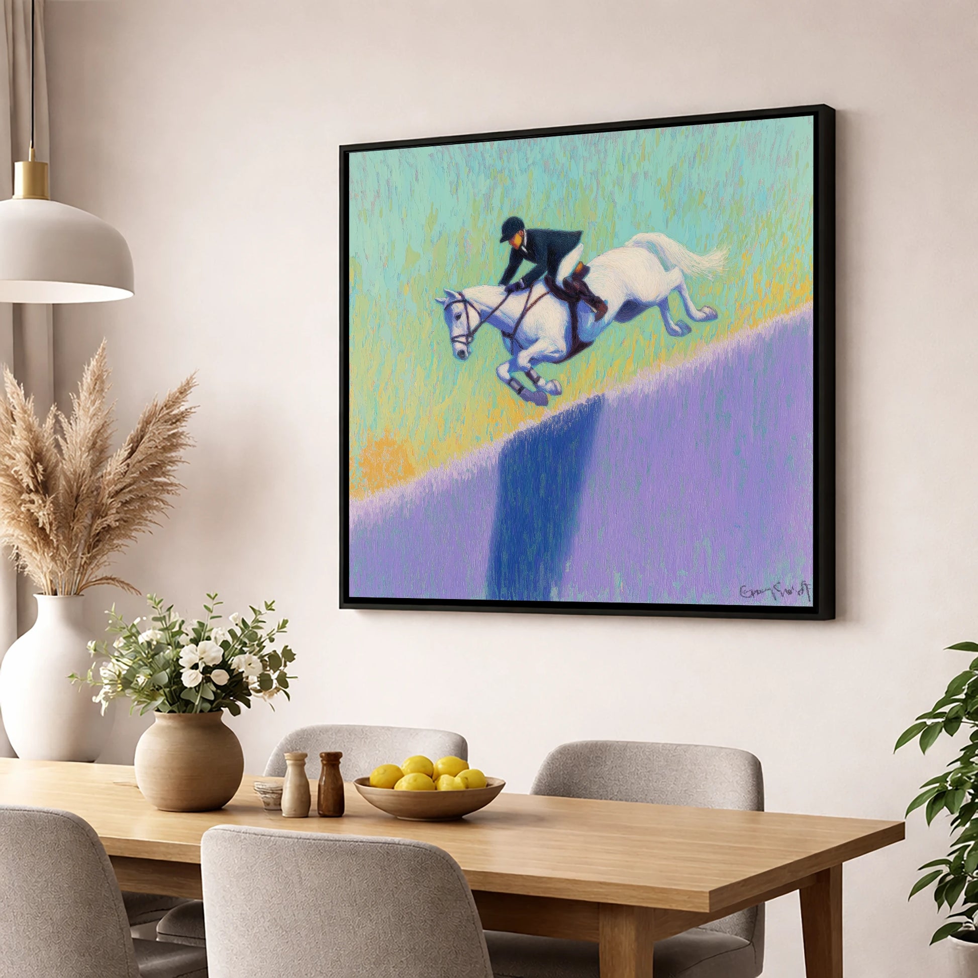 Flight Over Lavender show jumping horse wall art displayed in a dining room