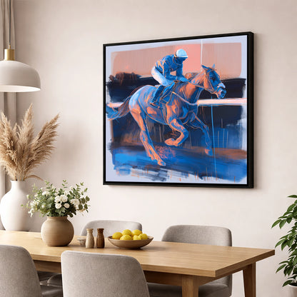 Cobalt Stride racing horse wall art displayed in a dining room