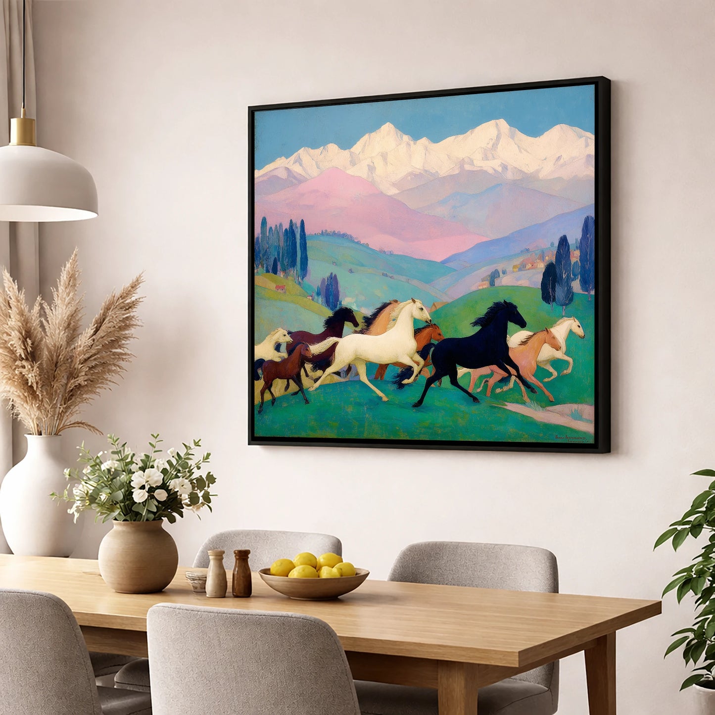 Vibrant Alpine Herd horse landscape wall art displayed in a dining room