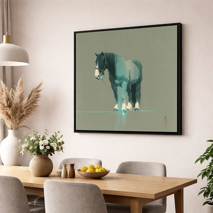 Teal Draught Silhouette horse breed wall art displayed in a dining room