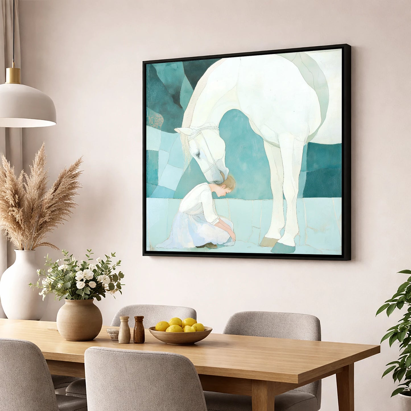 The Gentle Guardian horse & rider wall art displayed in a dining room