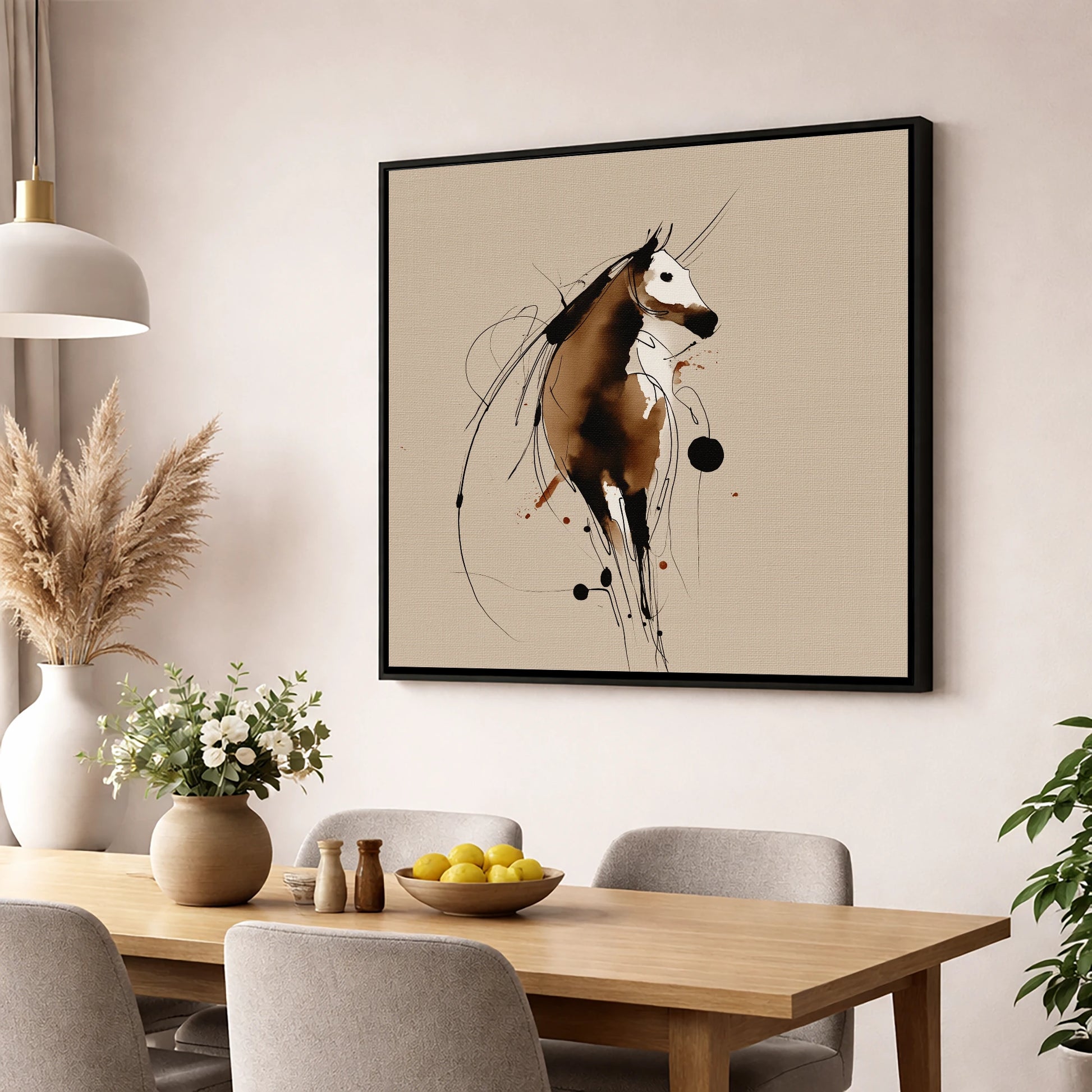 Fluid Ink Profile horse portrait wall art displayed in a dining room