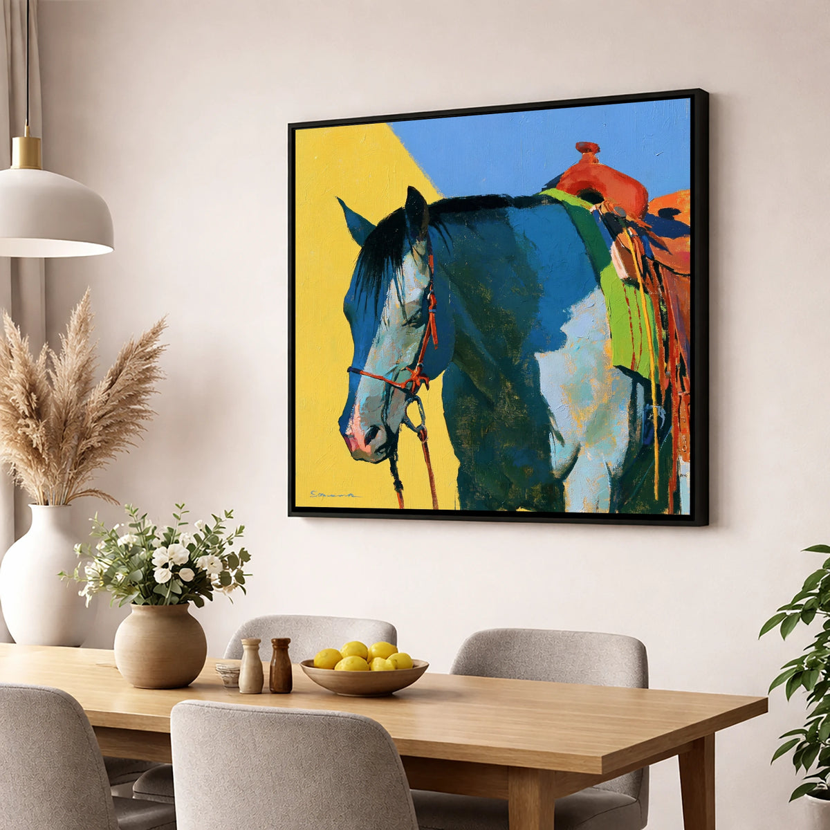 Western Horse in Blue and Yellow horse breed wall art displayed in a dining room