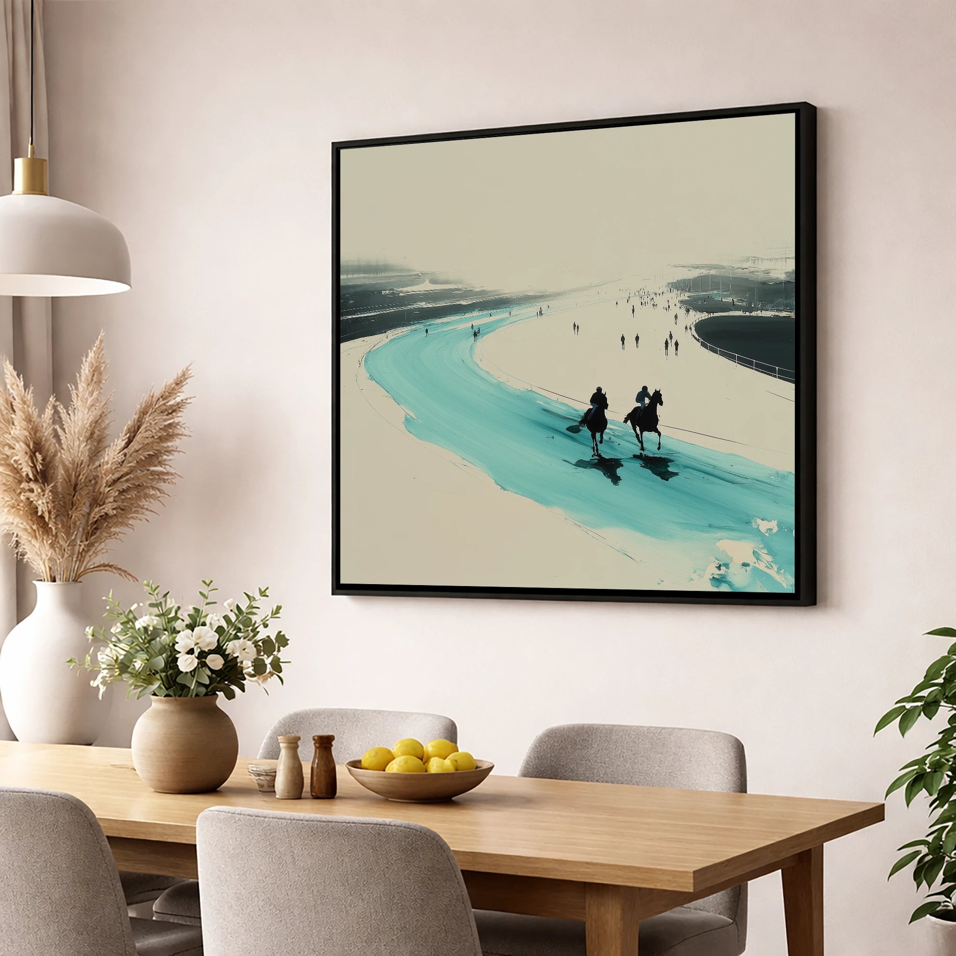 Sweeping the Bend racing horse wall art displayed in a dining room