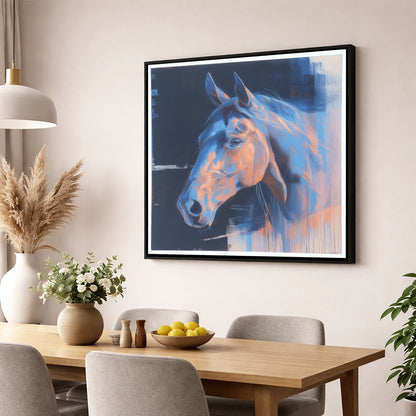 Cobalt and Copper Gaze horse portrait wall art displayed in a dining room