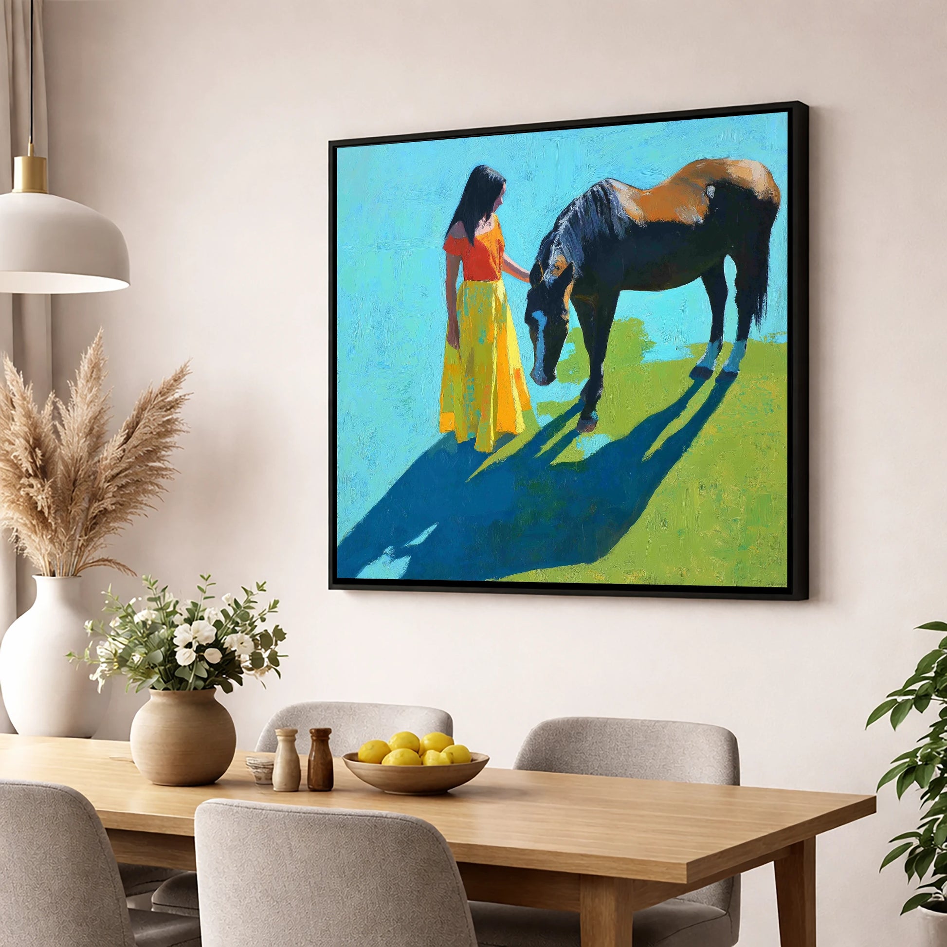 Sunlit Connection horse & rider wall art displayed in a dining room
