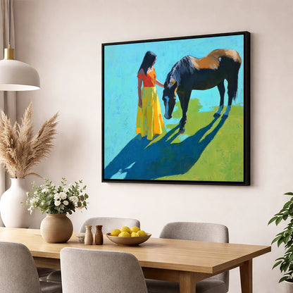 Sunlit Connection horse & rider wall art displayed in a dining room