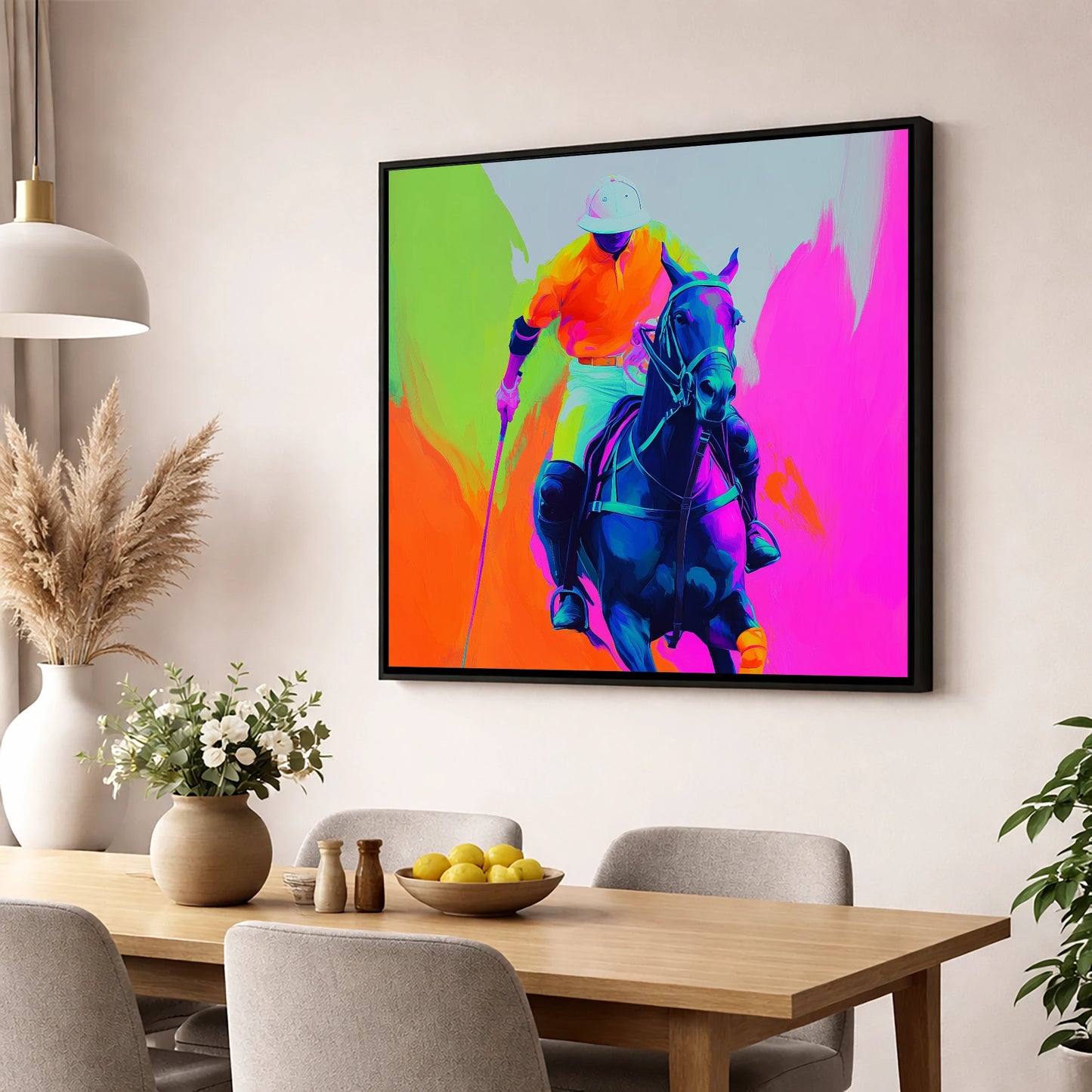 Neon Chukka polo horse wall art displayed in a dining room