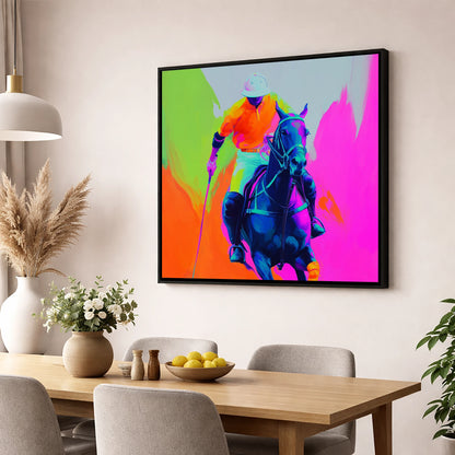 Neon Chukka polo horse wall art displayed in a dining room