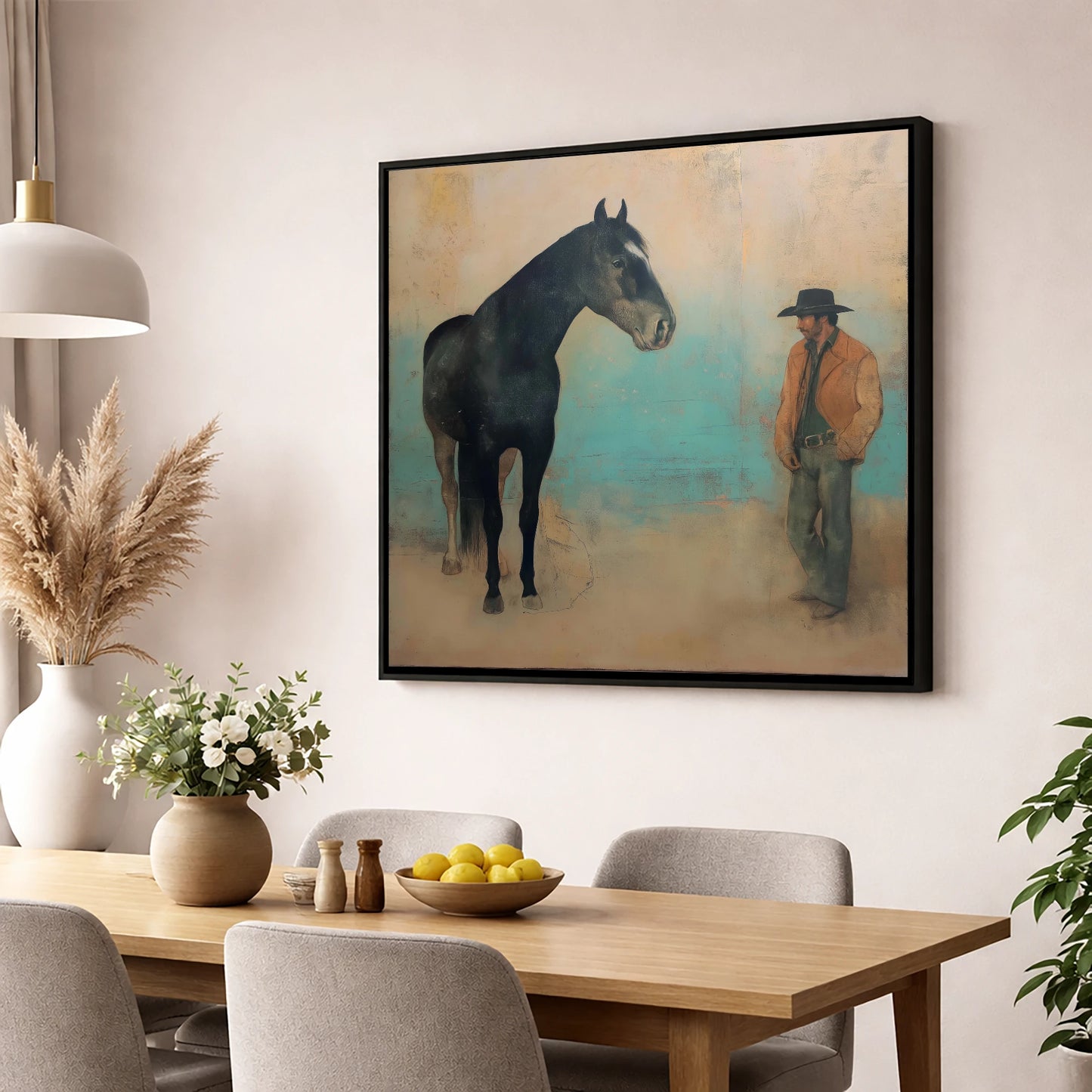 The Quiet Accord western horse wall art displayed in a dining room