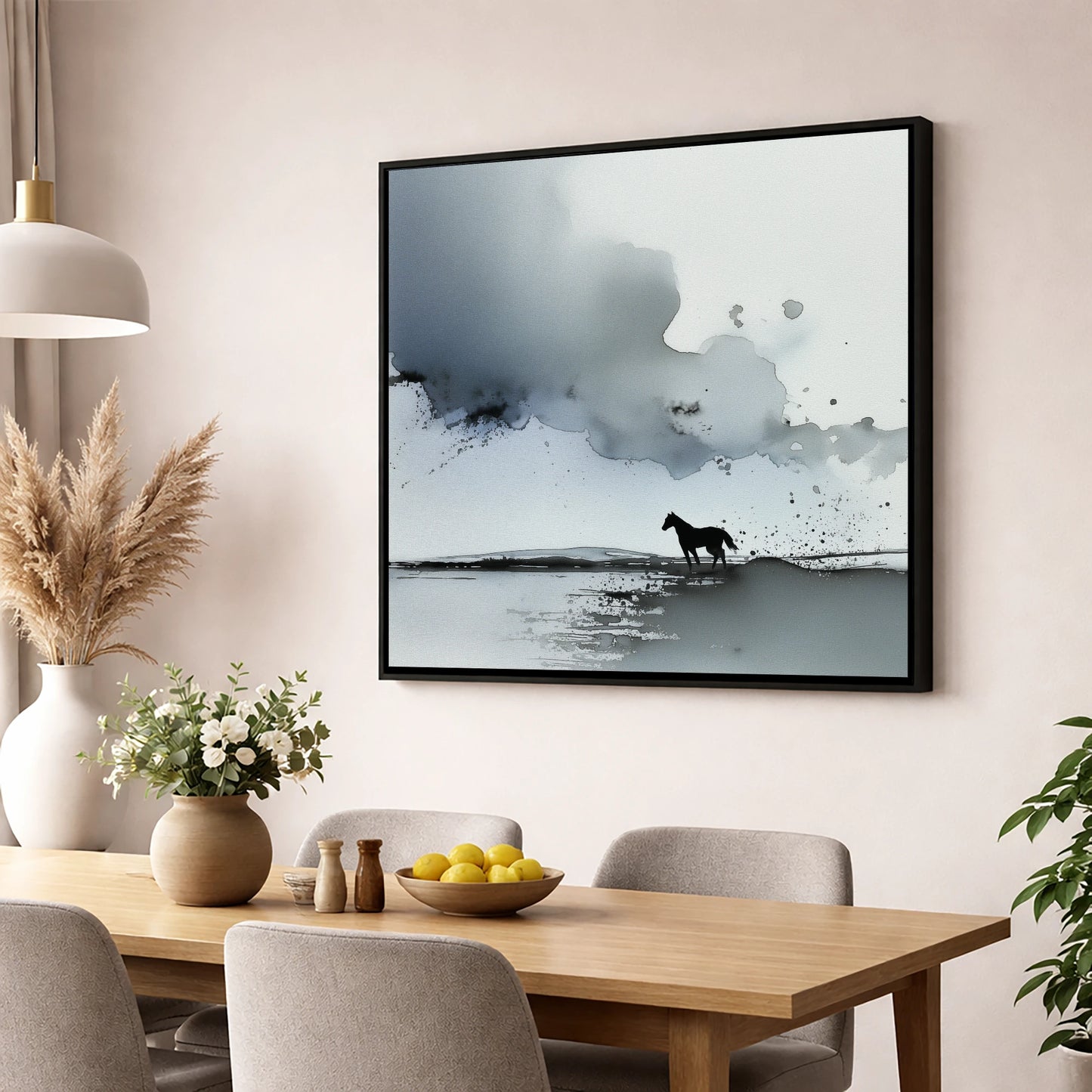 Atmospheric Grey Horizon horse landscape wall art displayed in a dining room