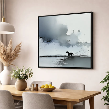 Atmospheric Grey Horizon horse landscape wall art displayed in a dining room