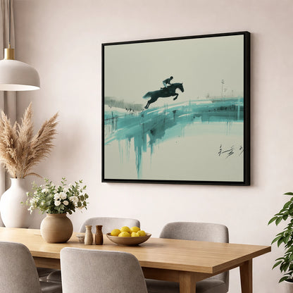 Airborne in Teal show jumping horse wall art displayed in a dining room