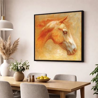 Ethereal Golden Profile racing horse wall art displayed in a dining room