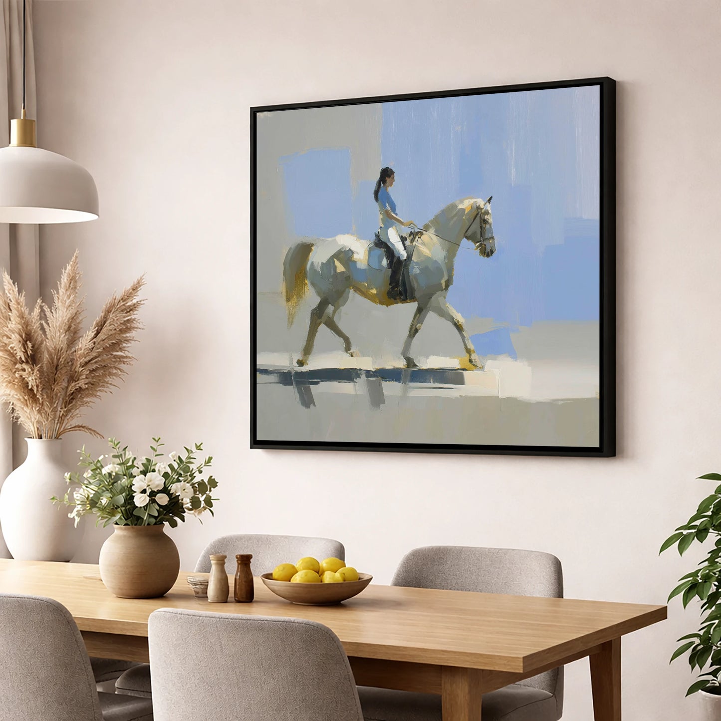 The Sunlit Grey dressage horse wall art displayed in a dining room