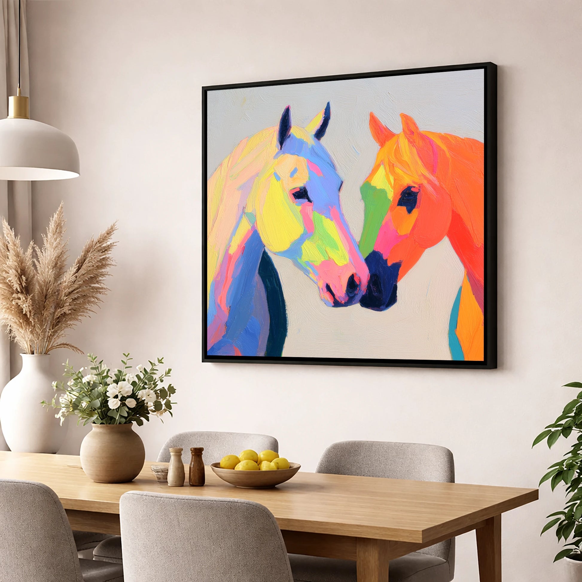 Technicolour Companions horse portrait wall art displayed in a dining room