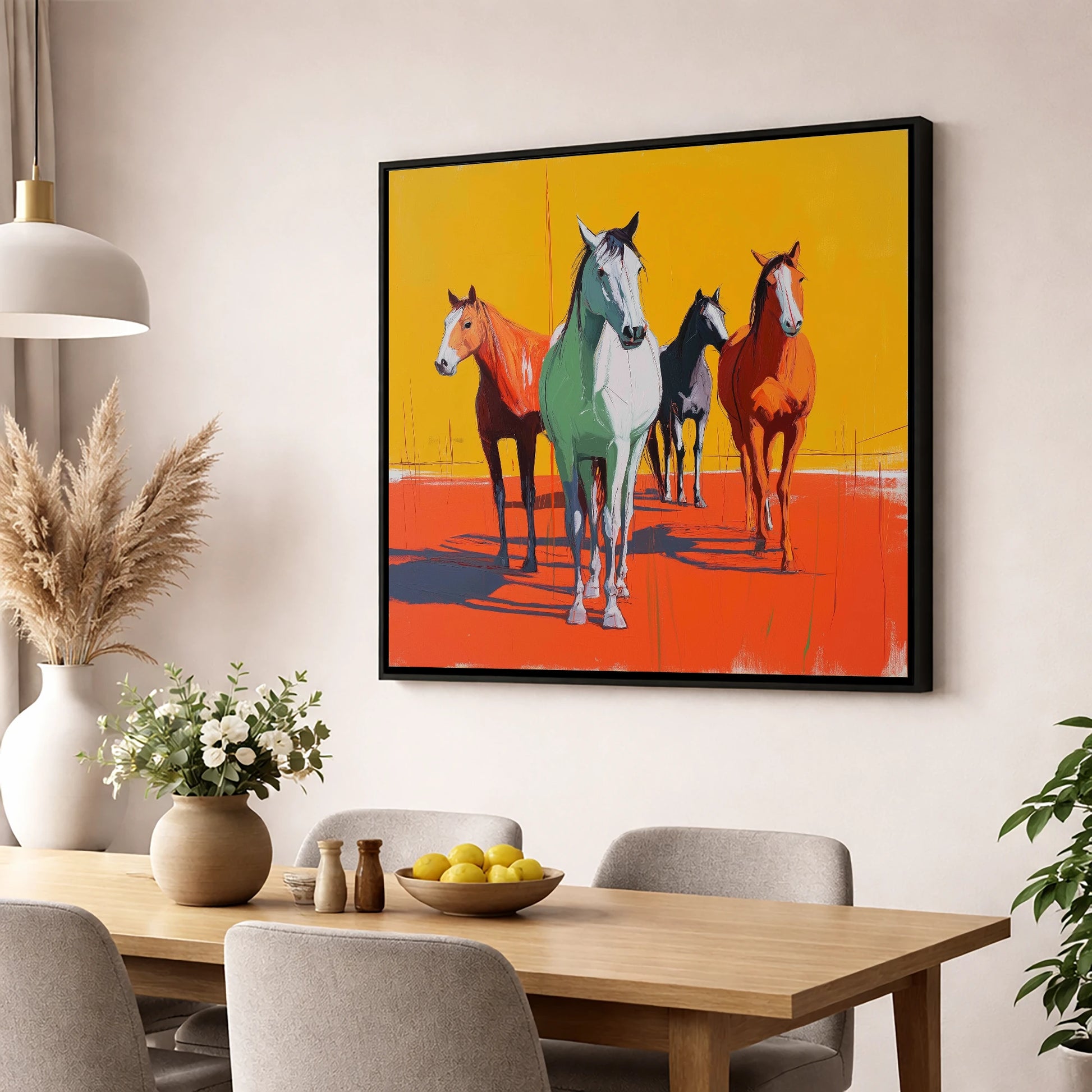 Vibrant Sunlit Herd wild horses wall art displayed in a dining room