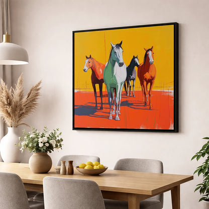 Vibrant Sunlit Herd wild horses wall art displayed in a dining room