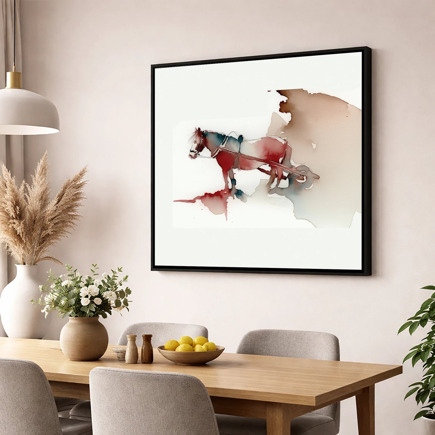 Crimson Draught in Harness working horse wall art displayed in a dining room