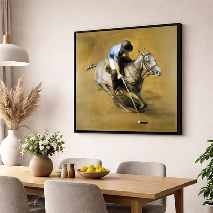 The Decisive Swing polo horse wall art displayed in a dining room