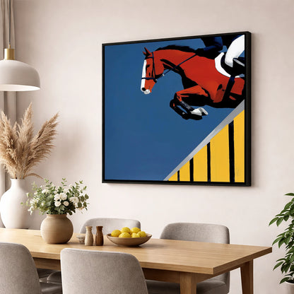 Suspended in Blue show jumping horse wall art displayed in a dining room
