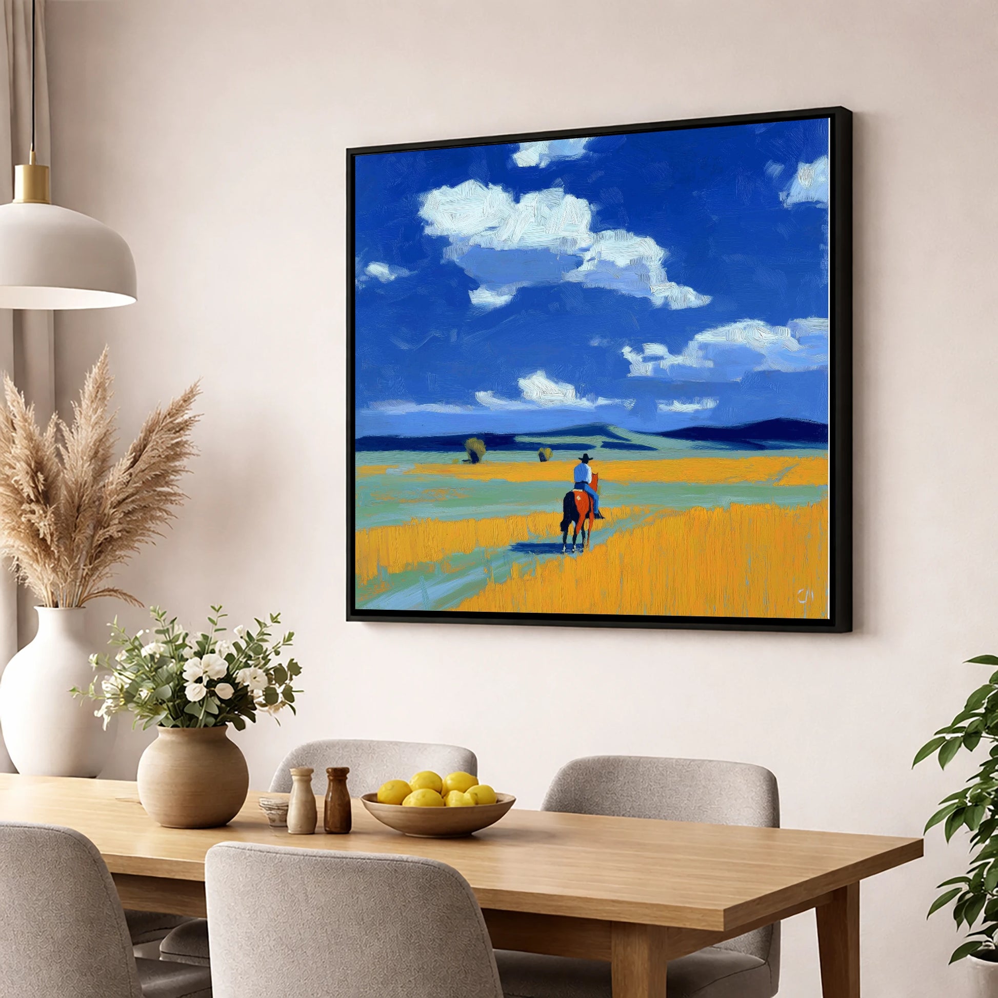 Riding the Big Sky western horse wall art displayed in a dining room